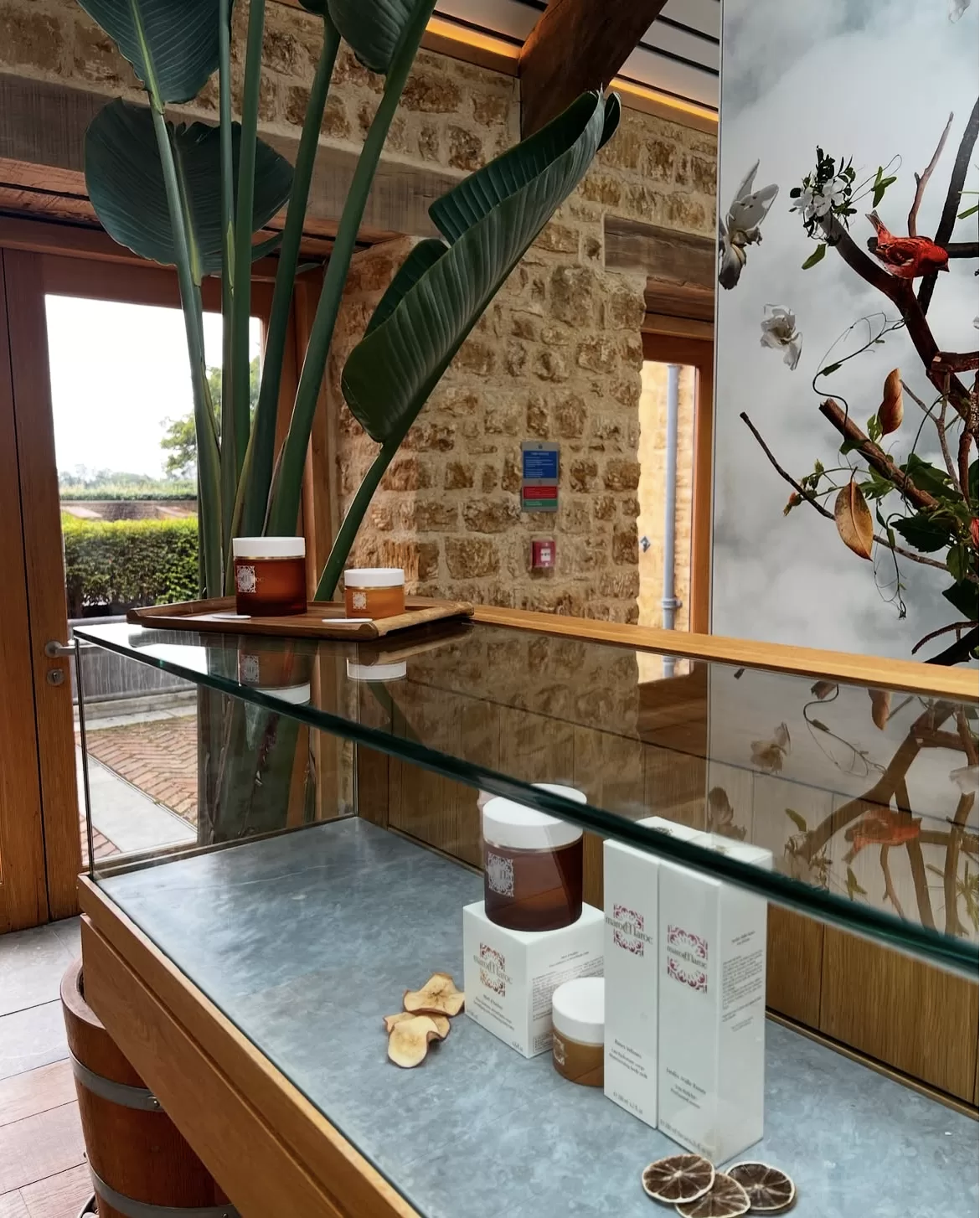 marocMaroc retail display with rhassoul clay pot and packaging on a stone counter at The Newt in Somerset